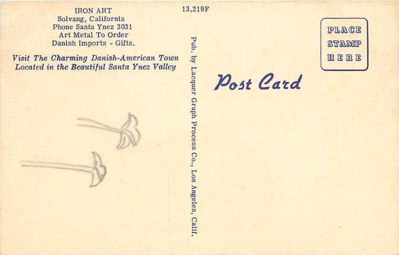 SOLVANG, CA California   IRON ART Gift Shop    c1950s Multiview  Linen  Postcard