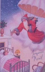 Santa Claus Flys Parachute Child Old World Antique Vintage Christmas Postcard