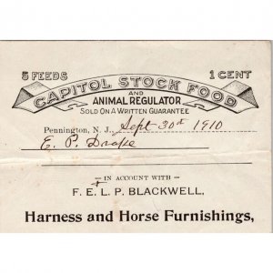 1910 Antique Billhead - CAPITOL STOCK FOOD & Animal Regulator -Horse Furnishings