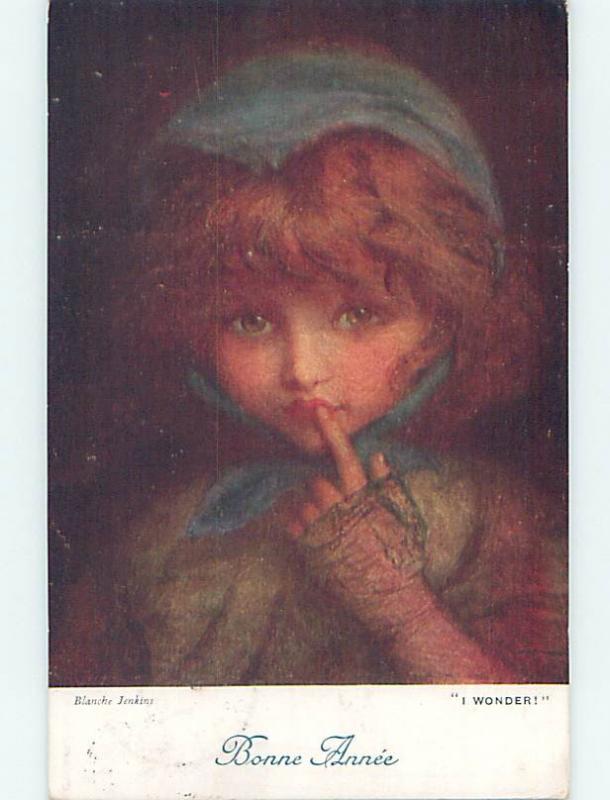 Pre-Linen foreign signed FRENCH GIRL WONDERS AND PUTS FINGER TO LIPS J5364