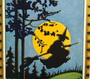 Halloween Postcard Whitney Witch On Broom Full Moon Checker Border NOS Fantasy