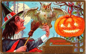 Vintage 1910 Nash Witch, Broom, White Owl, JOL, Moon Antique Halloween Postcard