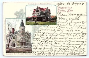 WICHITA, KS Kansas ~ 1908 ~ MASONIC TEMPLE & STATE HOME Sedgwick County Postcard