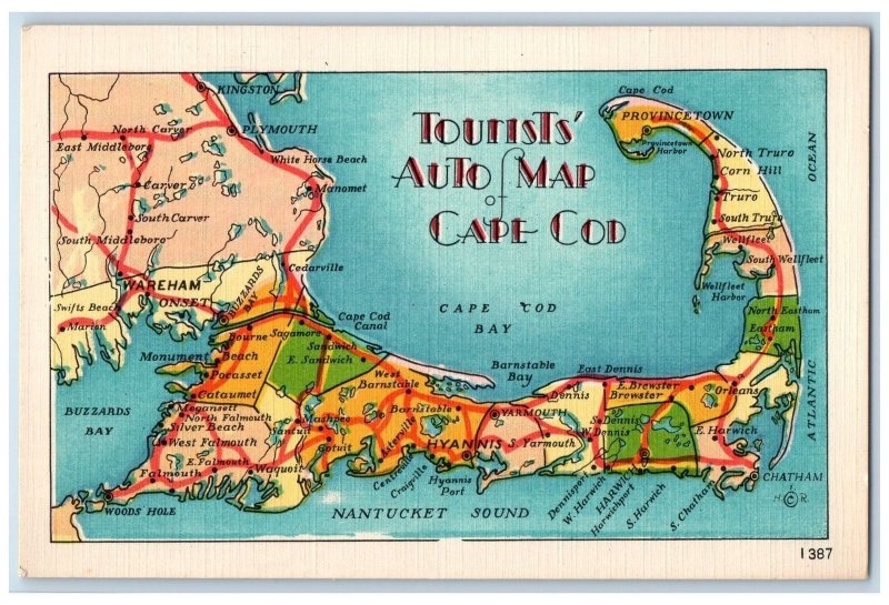 c1940 Tourist's Auto Map Of Cape Cod Driving Distances Route Places Postcard