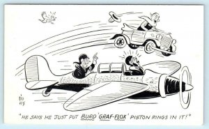 Advertising Comic BURD GRAF FLOX PISTON RINGS Car vs Plane Race SID HIX Postcard