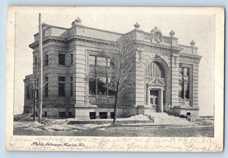 Racine Wisconsin Postcard Public Library Exterior Building c1907 Vintage Antique