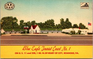 Linen Postcard Blue Eagle Tourist Court No 1 on US 11 and 220 Roanoke, Virginia