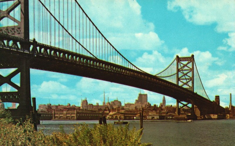 Postcard Benjamin Franklin Bridge Single Span Suspension Bridge Philadelphia PA