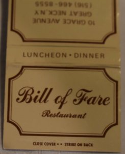 Bill of Fare Restaurant Great Neck New York 30 Strike Matchbook Cover