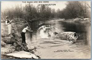 BASS FISHING EXAGGERATED KINGSTON CANADA ANTIQUE REAL PHOTO POSTCARD RPPC