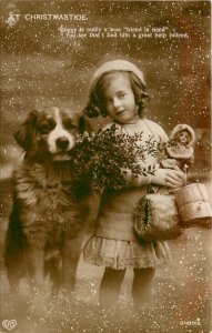 EAS Christmas RPPC 2490/2 St. Bernard Type Dog is Friend to Girl w/ Doll, Gifts