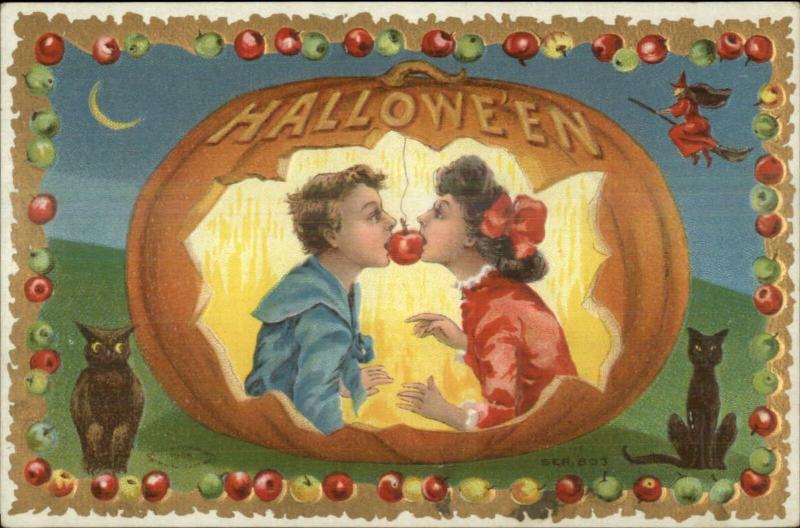 Halloween Taggart Ser #803 Little Boy & Gitl Cat Owl c1910 Postcard EXC COND