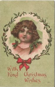 Girl Surround by a Frame of Mistletoe Kelly Green Vintage Postcard Irish Girl