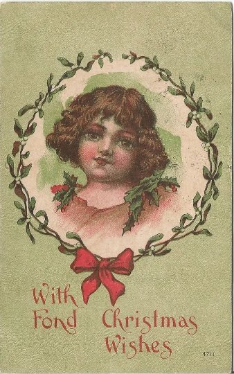 Girl Surround by a Frame of Mistletoe Kelly Green Vintage Postcard Irish Girl