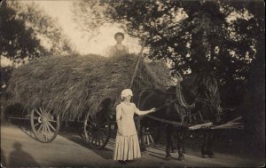 Americana Woman in Bonnet Beside Horse Wagon Farmer Hay CRISP IMAGE RPPC