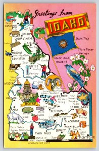 Greetings From Idaho~State Map~Weiser~Dalton~Gilmore~Montpelier~1950s Postcard