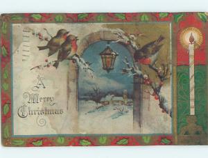 Pinhole Damage Pre-Linen christmas CUTE BIRDS WITH LANTERN IN THE DOORWAY hr2748