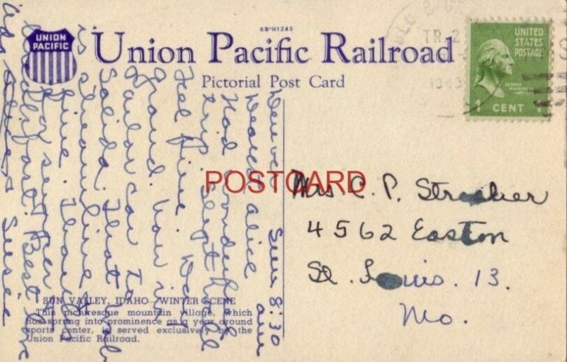 1949 SUN VALLEY, IDAHO - WINTER SCENE - Union Pacific Pictorial Post Card