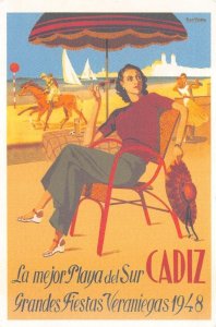 CADIZ SPAIN SUMMER BEACH HORSE SHIPS PRIETO ADVERTISING POSTER ART POSTCARD