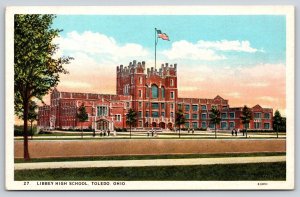 Toledo Ohio~Libbey High School Bldg St View~USA Flag~Collegiate~1920s Postcard