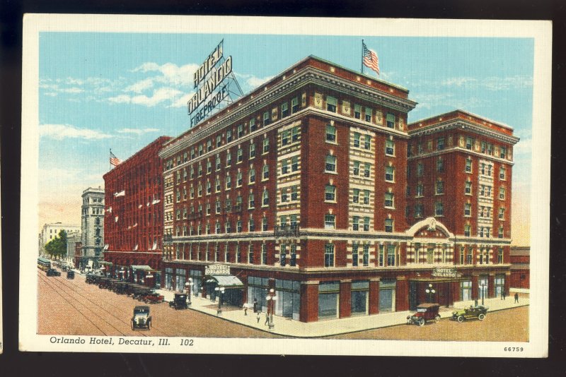 Decatur, Illinois/IL Postcard, Orlando Hotel, Old Cars