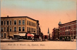 Main Street and Wood's Square, Hudson MA Vintage Postcard R72