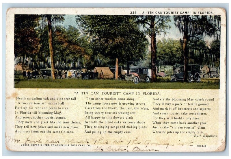 1928 Tin Can Tourist Camp Tent Classic Cars Poem  Ruth Raymond Florida Postcard