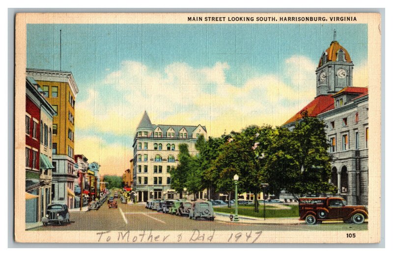 Postcard VA Main Street Looking South Harrisonburg Virginia Standard View Card 