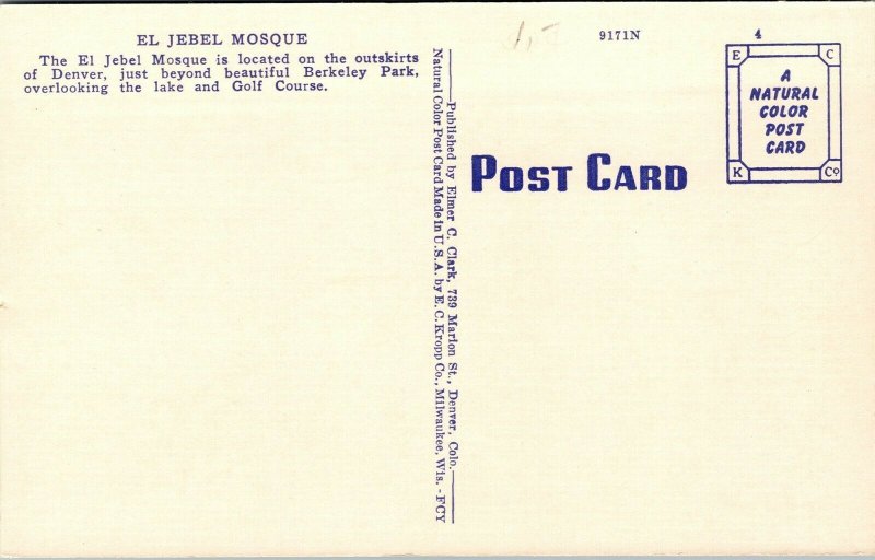 Vtg Denver Colorado CO El Jebel Mosque 1940s Unused Linen Postcard