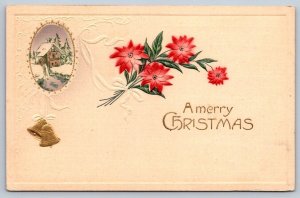 Merry Christmas, Poinsettia, Rural Winter Scene, Bells, 1916 Greetings Postcard