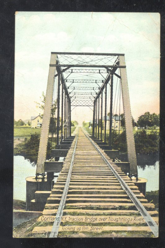 CORTLAND NEW YORK RAILROAD BRIDGE TIOUGHNIOGA RIVER VINTAGE POSTCARD NY