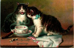 Raphael Tuck Birthday Postcard Series Adorable Kittens Teacup 1910s Postcard