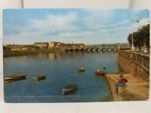 Vintage Postcard Young Boys Crabbing at The River Taw Nr Long Bridge Barnstaple