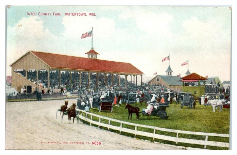 Early 1900s Inter-County Fair, Sulky Harness Racing, Watertown, WI Postcard *6D4