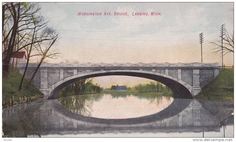 Scenic Waterfront View, Washington Ave. Bridge Reflected in Water, Lansing, M...