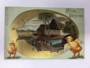 c. 1911 Easter Greetings Postcard Chicks Gold Cracked Egg Bridge Embossed