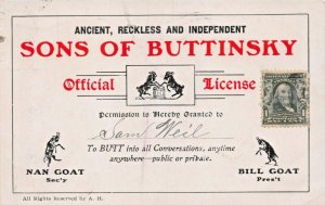 SONS OF BUTTINSKY~OFFICIAL LICENSE~BUTT INTO CONVERSATION COMIC POSTCARD 1905 PM