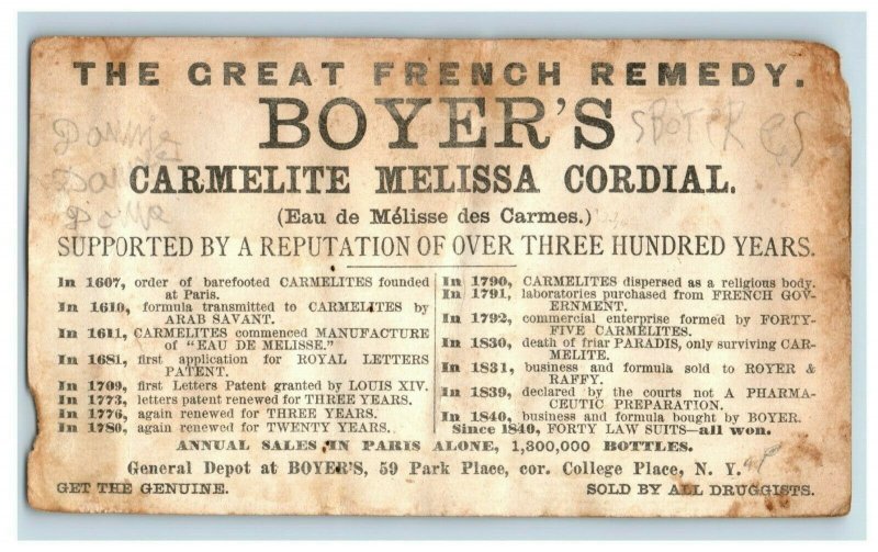 1880's Boyer's Carmelite Melissa Cordial Quack Medicine Vintage Trade Card F96 