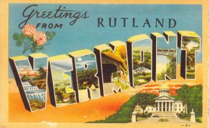 Beautiful Linen Large Letter, Rutland, Vermont, VT,, Old Postcard