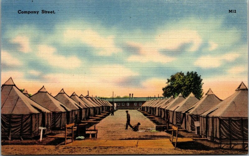 Vtg 1940's Era WWII Tents on Company Street US Army Housing Linen Postcard