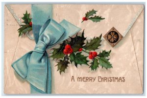 c1910's Christmas Holly Berries Ribbon Shamrock Embossed Santa Ana CA Postcard