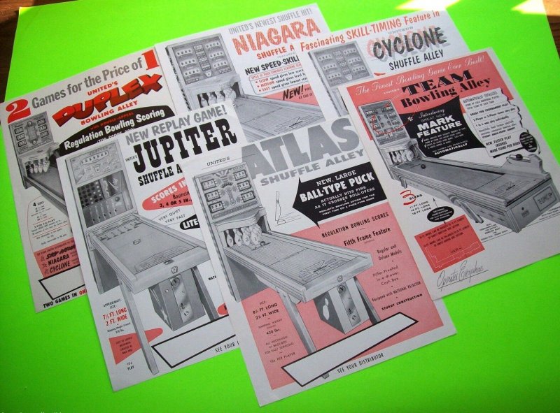 Arcade Game FLYERS Lot Of 6 United Shuffle Bowling Alley Vintage Ephemera 1958