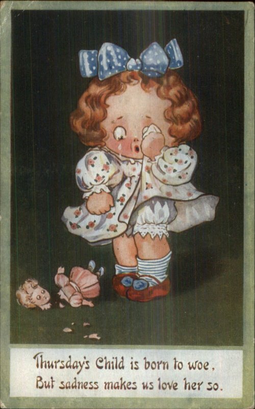 Children Day of the Week Series THURSDAY Born to Woe Broken Doll Postcard