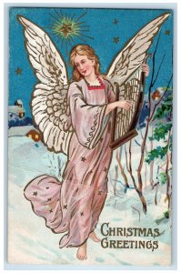 c1910's Christmas Greetings Angel Lyre Stars Embossed Unposted Antique Postcard