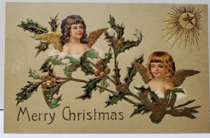 Merry Christmas Cherubs In Holly with Golden Bronze Gild Trim Postcard D18