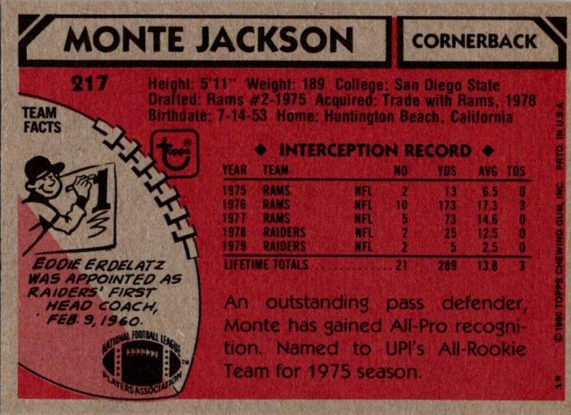 1980 Topps Football Card Monte Jackson CB Oakland Raiders sun0290