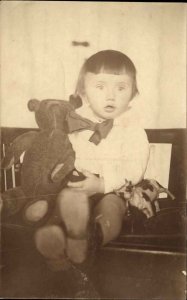 Little Boy Stuffed Teddy Bear & Cow Toy Figurine Real Photo Postcard c1910