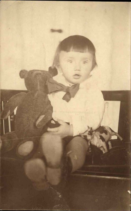 Little Boy Stuffed Teddy Bear & Cow Toy Figurine Real Photo Postcard c1910