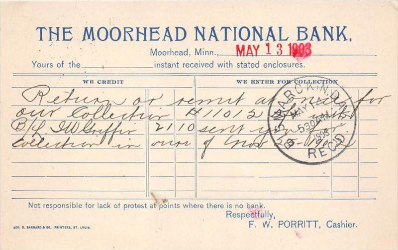 Minnesota Moorhead   The Moorhead National Bank,  Return Check Notice