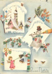greeting illustration Christmas Post card snowman church angel several aspects